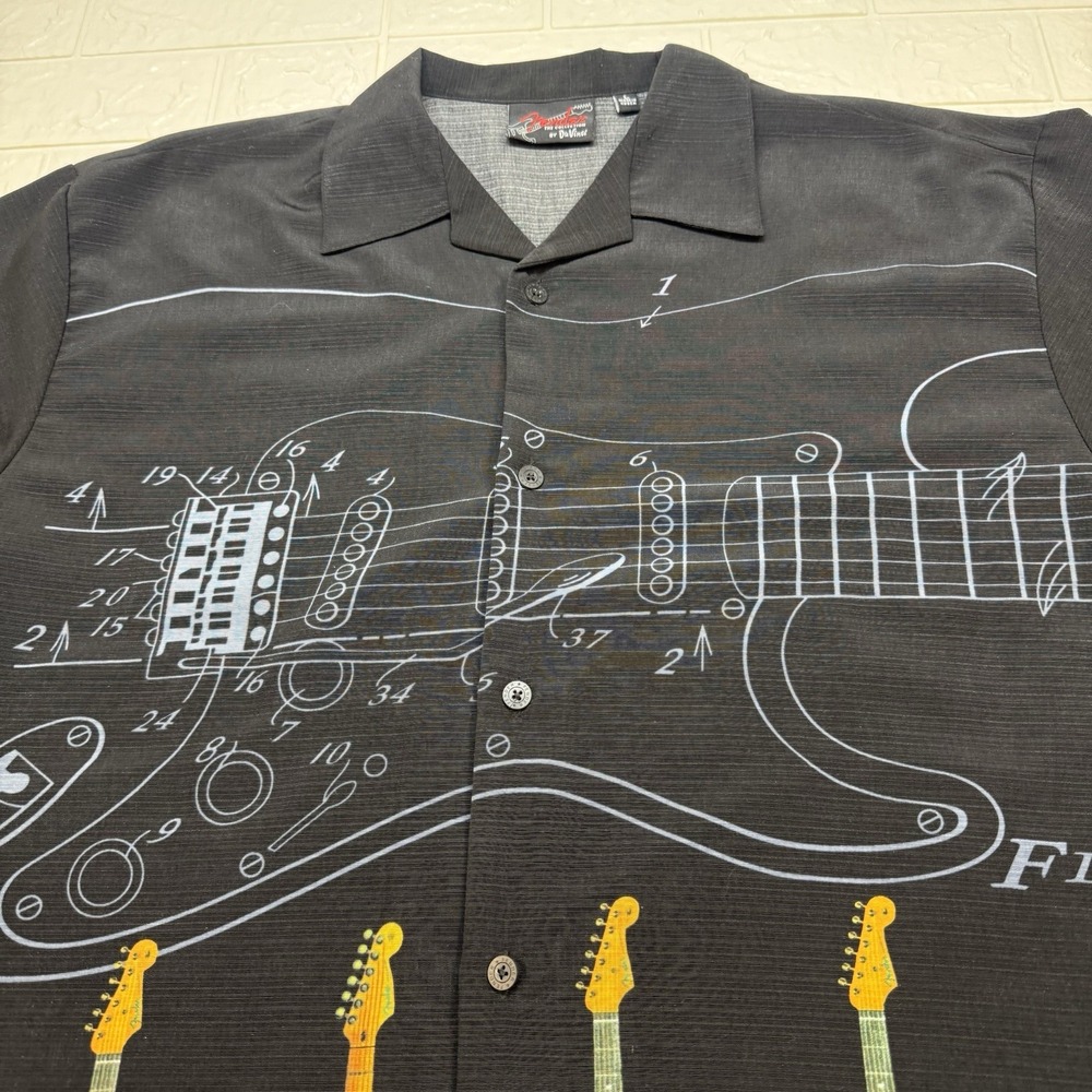 Vintage Fender Da Vinci Mens Large Black Guitar AOP Button Up S/S Camp Shirt